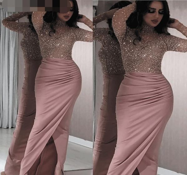 

robe de soiree high neck evening dresses long sleeve beaded mermaid dusty pink evening gown formal dresses5220815, Black;red