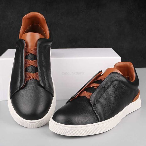 

zegna men's shoes little white shoes tidal shoes versatile summer genuine leather casual board shoes slip on lazy shoes, Black