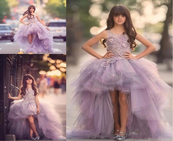 

luxury high low flower girls dress for teens 3d floral appliques hand made flowers purple ball gown junior party pageant dress2596223, White;blue