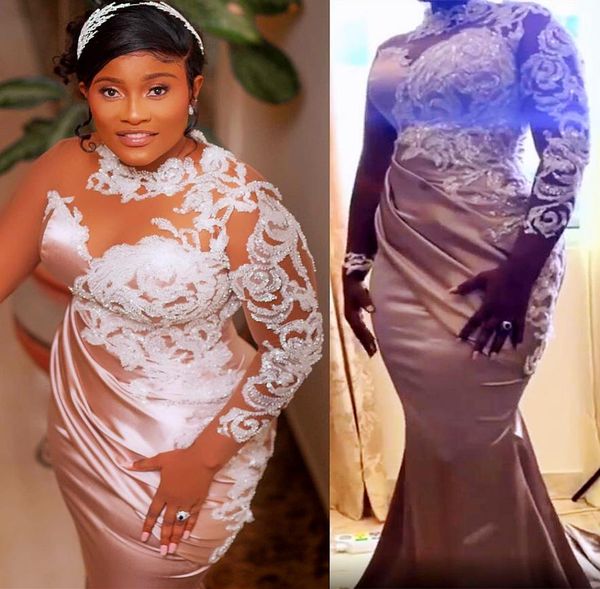 

2021 plus size arabic aso ebi mermaid lace prom dresses high neck long sleeves vintage evening formal party second reception 3197955, Black