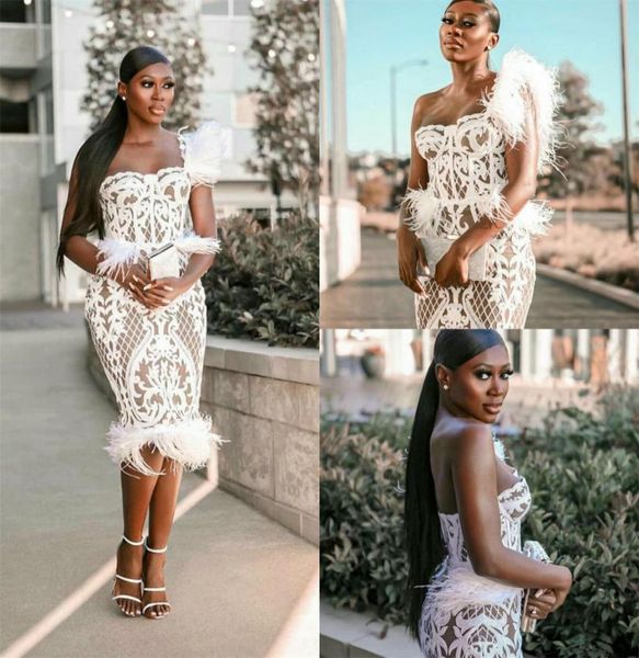 

one shoulder sheath cocktail dresses plus size illusion lace black girls short prom dresses with feathers sweetheart celebrity par7919709