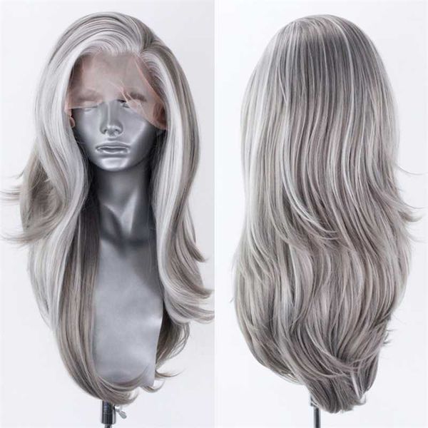 

synthetic lace front wig highlight white/gray lace wigs for women natural wave wig grey cosplay wigs heat resistant fiber 230524, Black;brown