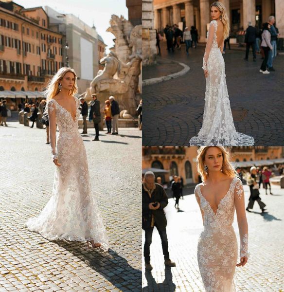 

long sleeve berta wedding dresses deep v neck lace appliqued backless custom made vestidos de novia sweep train mermaid weddi9817783, White