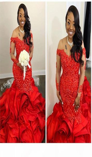 

illusion long sleeve african evening formal dresses 2020 cascading ruffles red lace beaded plus size mermaid prom party gowns vest7190964, Black;red
