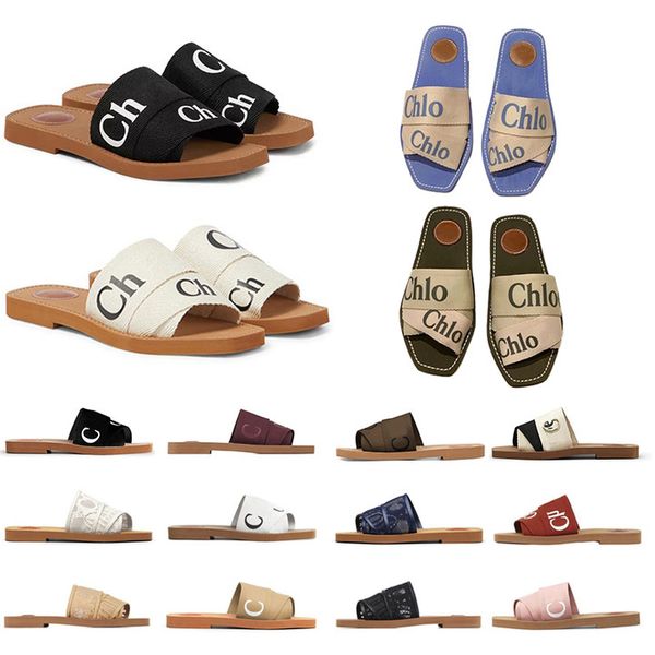 

designer woody sandals famous designer women mules flat slides light tan beige white black pink lace lettering fabric canvas slippers womens