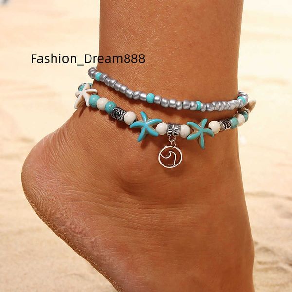

summer beach anklets starfish wave sea turtle shell tree of life charm ankle foot jewelry for women lady pearl beaded anklet, Red;blue