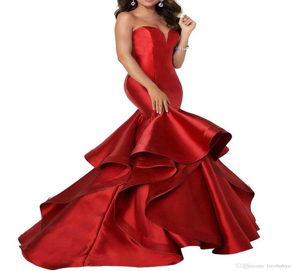 

new designer mermaid satin prom dresses laceup spaghetti ruffles sweep train evening gowns pageant dress formal2705062, Red