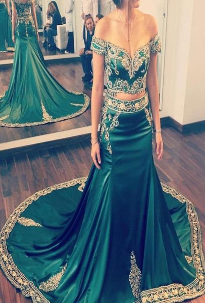 

two pieces hunter green prom dresses with gold appliques embroidery indian arabic kaftan formal evening gowns3576493, Black