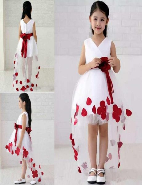 

red flower appliques girls pageant dress high low tulle a line short front long back little girls evening party gown kids prom dre4647962, White;red