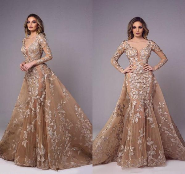 

tony chaaya vintage mermaid prom dresses gold lace appliqued illusion bridal gowns detachable train plus size party evening d5263035, Black;red