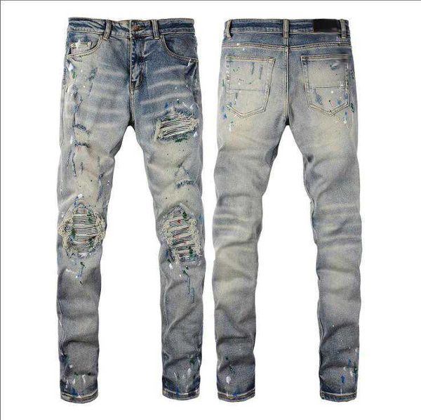 

designer mens jeans high elastics distressed ripped slim fit motorcycle biker denim for men s fashion black pants###, Blue