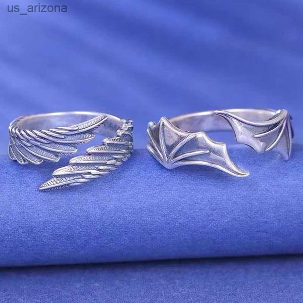 

2 pcs/set punk angel demon wing couples rings for women retro silver color feather open ring wedding jewelry valentine's gift l230620