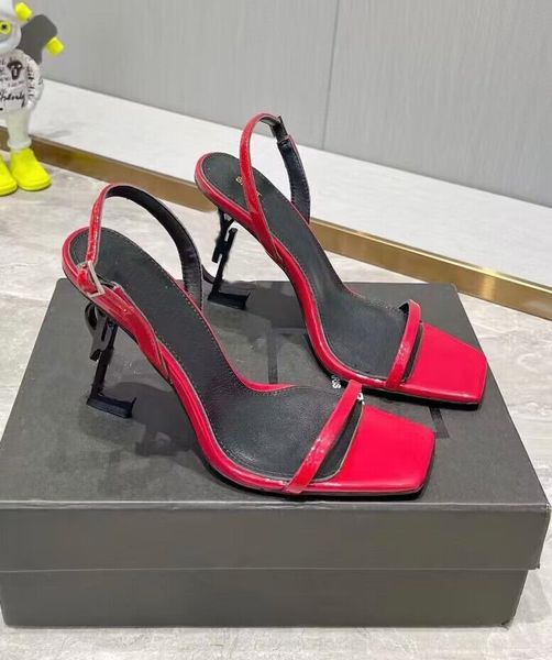 

opyum high heels sandals ankle strap slides patent leather squared-toe sandal lambskin designer luxury women sandals party wedding shoes, Black