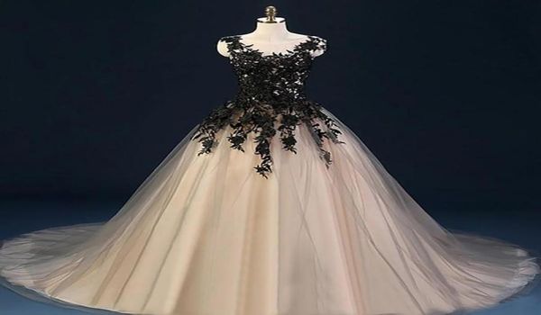 

gothic champagne and black ball gown wedding dresses sheer neck sleeveless lace appliques tulle corset bridal gowns with court tra9365146, White