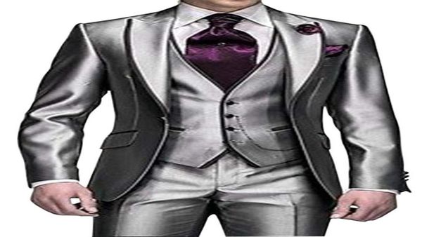 

new style one button shiny silver grey groom tuxedos groomsmen men039s wedding suits man suits jacketpantsvesttie6279011, Black;gray