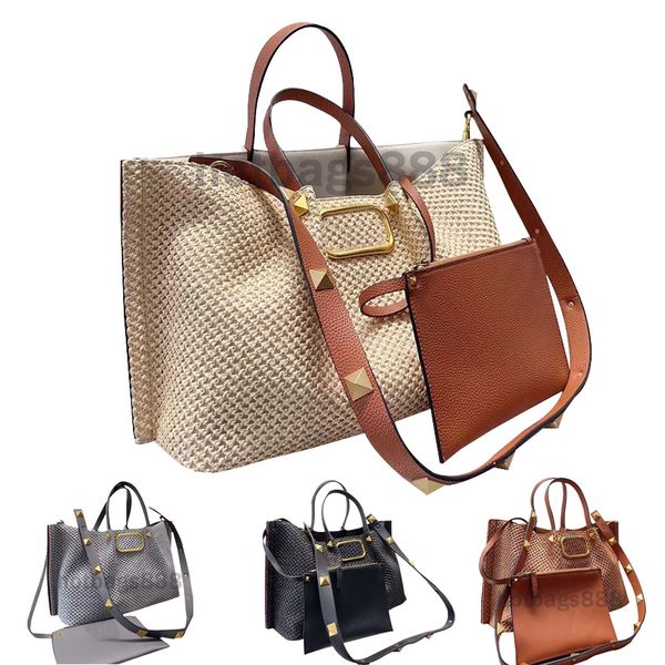 

designer tote bag summer beach straw bag latest design simple and practical women's rivet handbag casual canvas crochet shoulder bags p