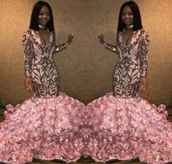 

pink 3d floral rose flowers mermaid evening dresses 2021 gold appliques vneck african prom dresses long sleeves party pagean5999667, Black