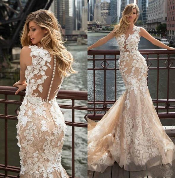 

glamorous mermaid wedding dresses lace 3d floral appliques vestido de noiva vintage wedding dress plus size court gown zipper beac4113142, White