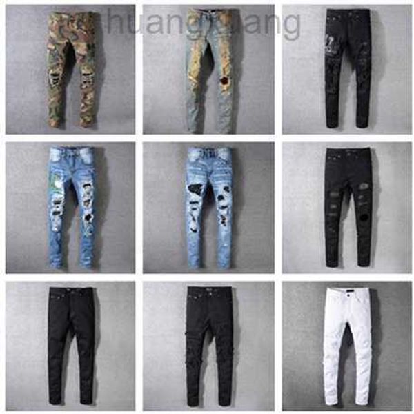 

mens jeans classic hip hop pants distressed ripped biker jean slim fit motorcycle denim jeans, Blue