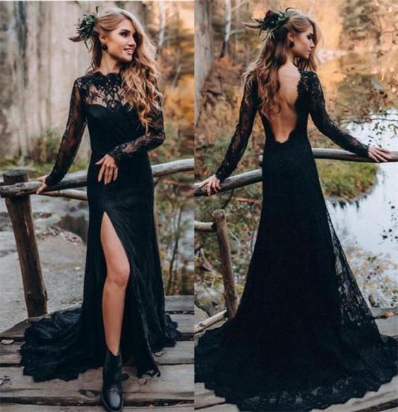 

black wedding dress backless long sleeves full lace 2022 bridal gowns gothic country lady marriage dresses sweep train vestid8814082, White