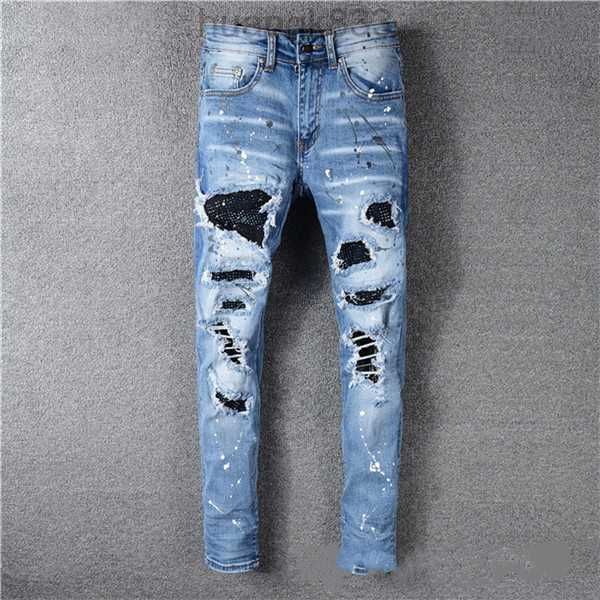 

printed classic embroidery designer mens jeans motorcycle hole luxury denim men's fashion street wear men designer pants, Blue