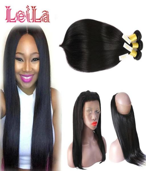 

indian virgin hair 360 lace frontal with 3 bundles straight hair full 4 pieceslot unprocessed human hair frontal closure with bun1034650, Black;brown