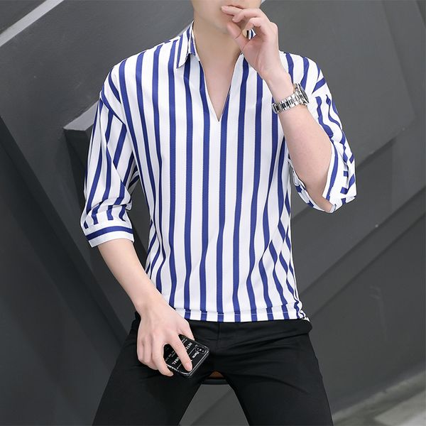 

ice silk short sleeve t-shirt men's summer fashion brand thin 75/4 sleeve v-neck t-shirt men's casual ruffian and handsome edition, White;black