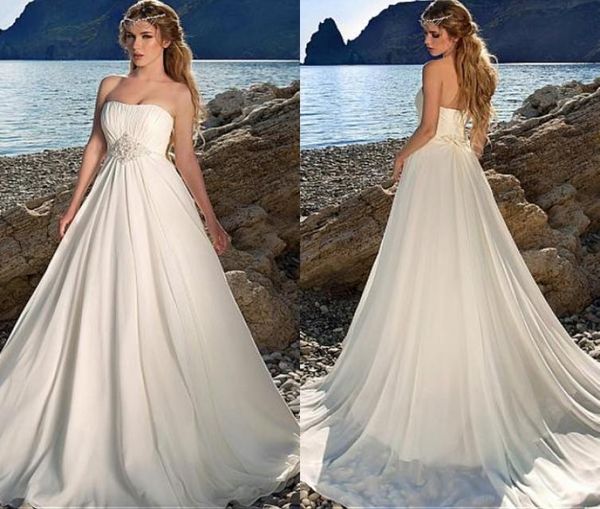 

2020 charming chiffon strapless bridal dresses aline floor length ruched bodice wedding dresses with beadings beach wedding gown8764373, White
