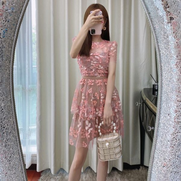 

new s/elf portrait pink flower sequins short sleeve temperament dress, Black;gray