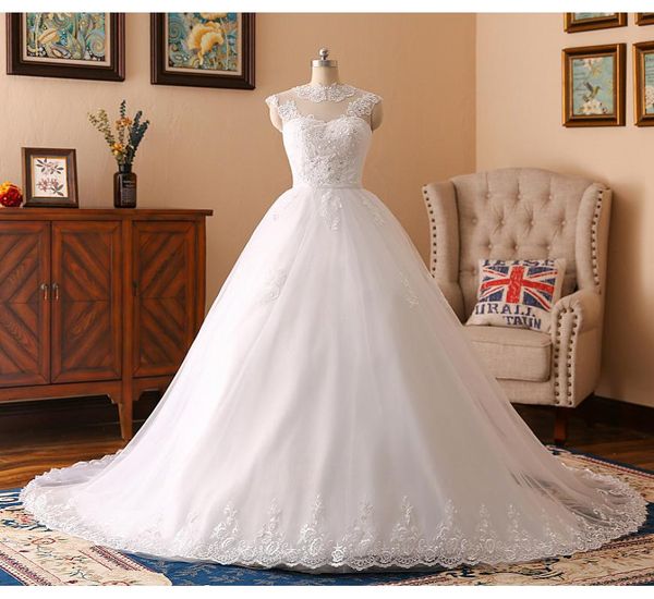 

fashion plus size aline wedding gowns appliqued lace jewel neck bridal gown beach vintage bespoke for garden country abiti da spo9174229, White