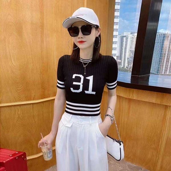 

designer women's knitted short sleeves summer new wear short sleeve knitted shirt slim fit fashion short for women, White