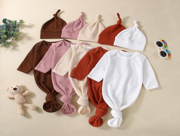 

cute baby boys girls sleeping bags newborn soft cotton waffle infant solid color long sleeve sleeping sackknotted cap sleepwear1477036