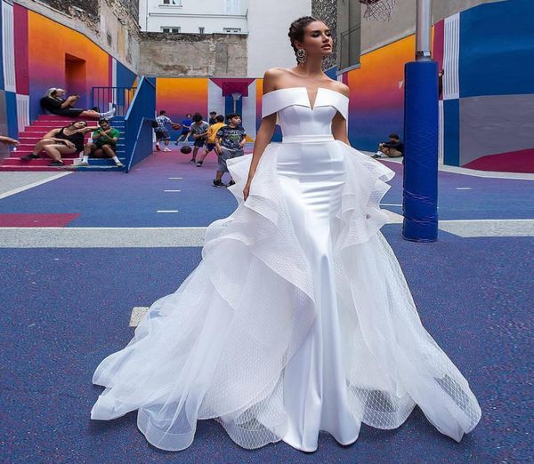 

stunning white detachable train wedding dresses off shoulder cascading ruffles satin wedding gown sweep train chapel bridal dress1390063