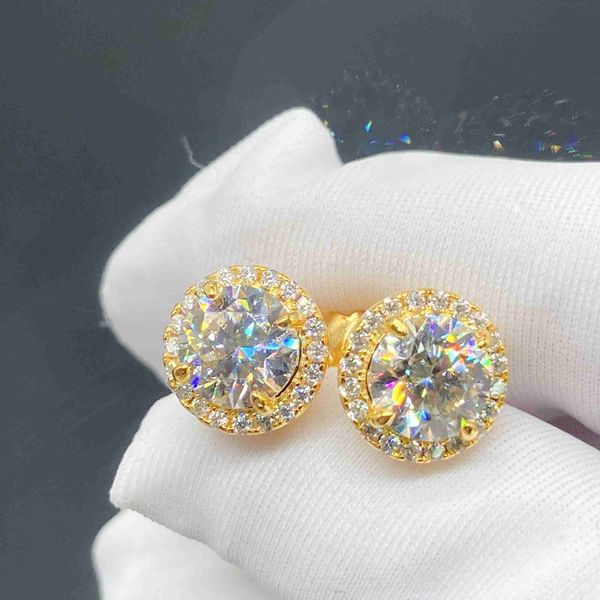 

designer jewelry hip hop fashion jewelry big diamond stone gold plated sterling silver earrings luxury moissanite stud earrings, Golden