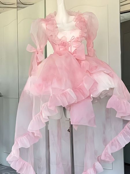 

basic casual dresse organza chic pink asymmetrical dress vintage summer mini birthday female ruffles party vestidos lady holiday puff 230705, Black;gray