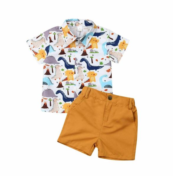 

baby boys clothes kid toddler party wear dinosaur printing cotton shirt yellow short pants summer 2pcs clothing set5018803, White