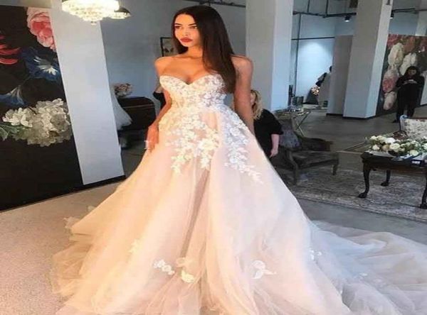 

charming blush pink a line wedding dresses with sweetheart lace appliqued tulle floor length 2019 beach country wedding dresses ve8578948, White