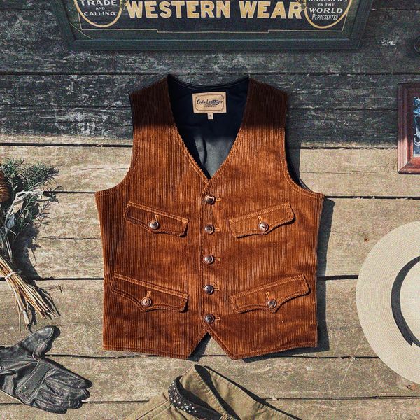

men's vests tailor brando s-016 american retro tweed stitching corduroy safari vest v-neck men's slim short gentleman vest 230704, Black;white