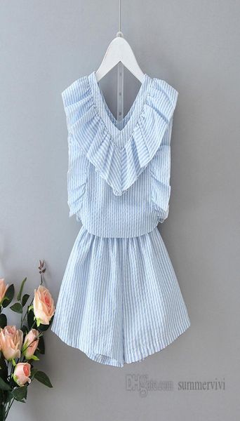 

summer girls stripe clothing sets kids falbala vneck ruffle fly sleeve loose shorts 2pcs children princess outfits q04255930496, White