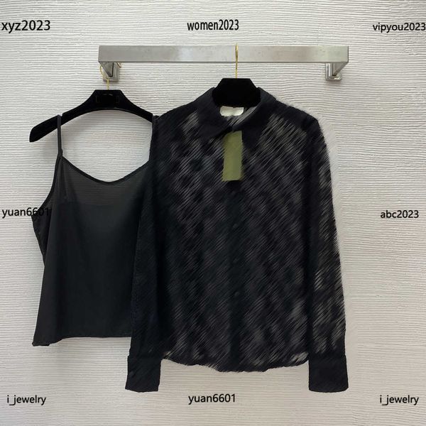 

womens designer clothing lady blouse size s-xl 2pcs double letter jacquard mesh see-through shirt and suspender bottom vest, White