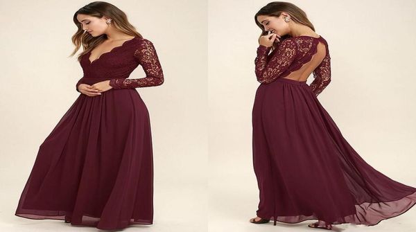 

burgundy chiffon bridesmaid dresses long sleeves western country style vneck backless long beach lace wedding party dresses c7718040, White;pink