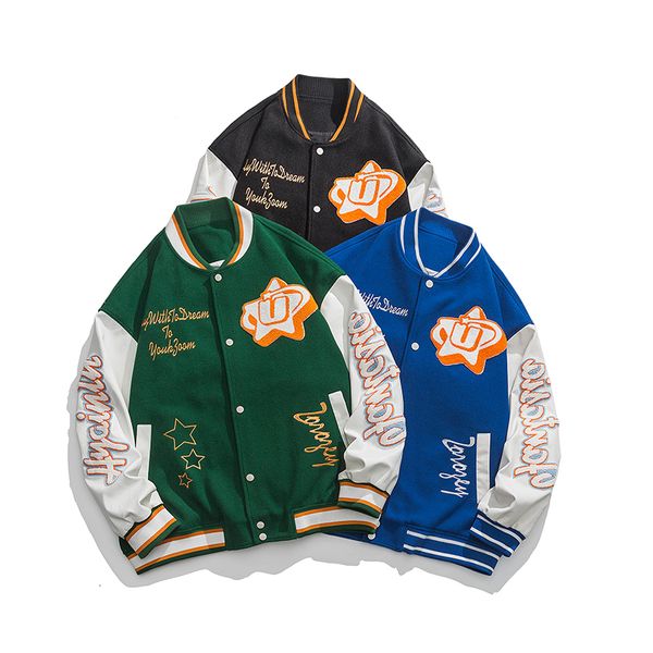 

mens jackets fall spring embroidery print men women jacket vintage letterman varsity baseball men jacket baggy bomber american street coat 2, Black;brown