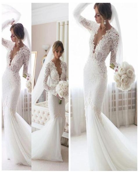 

stunning deep vneck white trumpet wedding dresses with sleeves backless lace mermaid wedding dress robe mariee wedding gowns7412073