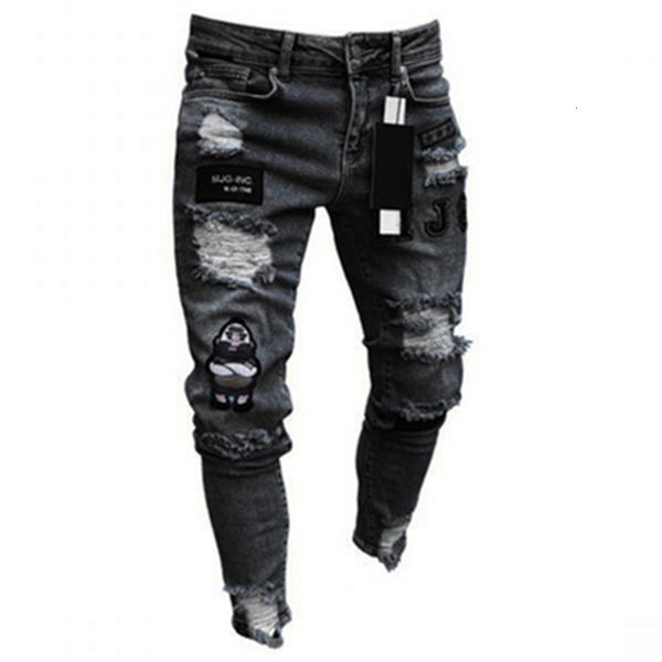 

men's jeans men stretchy ripped skinny biker embroidery cartoon print jeans destroyed hole slim fit denim hip hop black jeans 230705, Blue