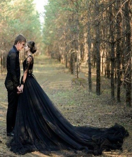 

black bridal gowns country a line wedding dresses v neck lace tulle high split gothic sweep train long sleeve plus size4324807, White