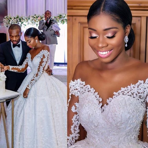 

2021 african nigerian ball gown wedding dresses with jewel illusion bodice long sleeve court train applique sheer off the sho2134300, White