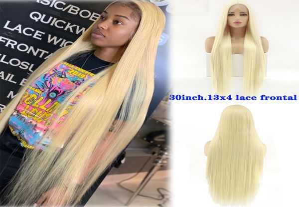 

30 inch soft straight hair wig glueless 613 blonde synthetic lace front wigs for women restyleable silky straight synthetic hair 3832025, Black;brown