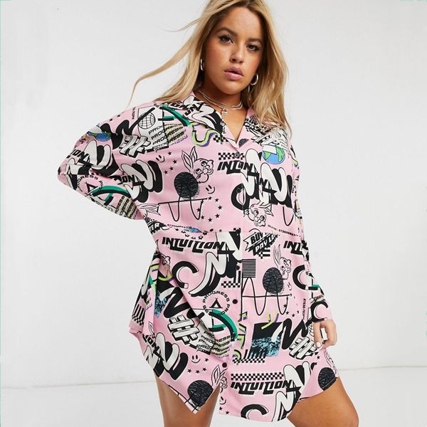 

women's plus size tshirt cartoon print drop shoulder casual shirt women long sleeve loose button spring elegant fashion dress 6xl 7xl 8, Black