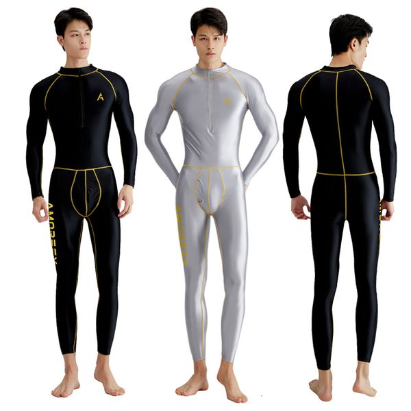

men's swimwear silver gloss tight front zipper yoga shiny sportswear multi purpose skintight garment plus size casual surfing swimsuit