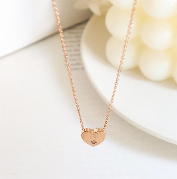 

french ins tidal edge english letters with diamond small heart delicate niche love rose gold necklace, Silver